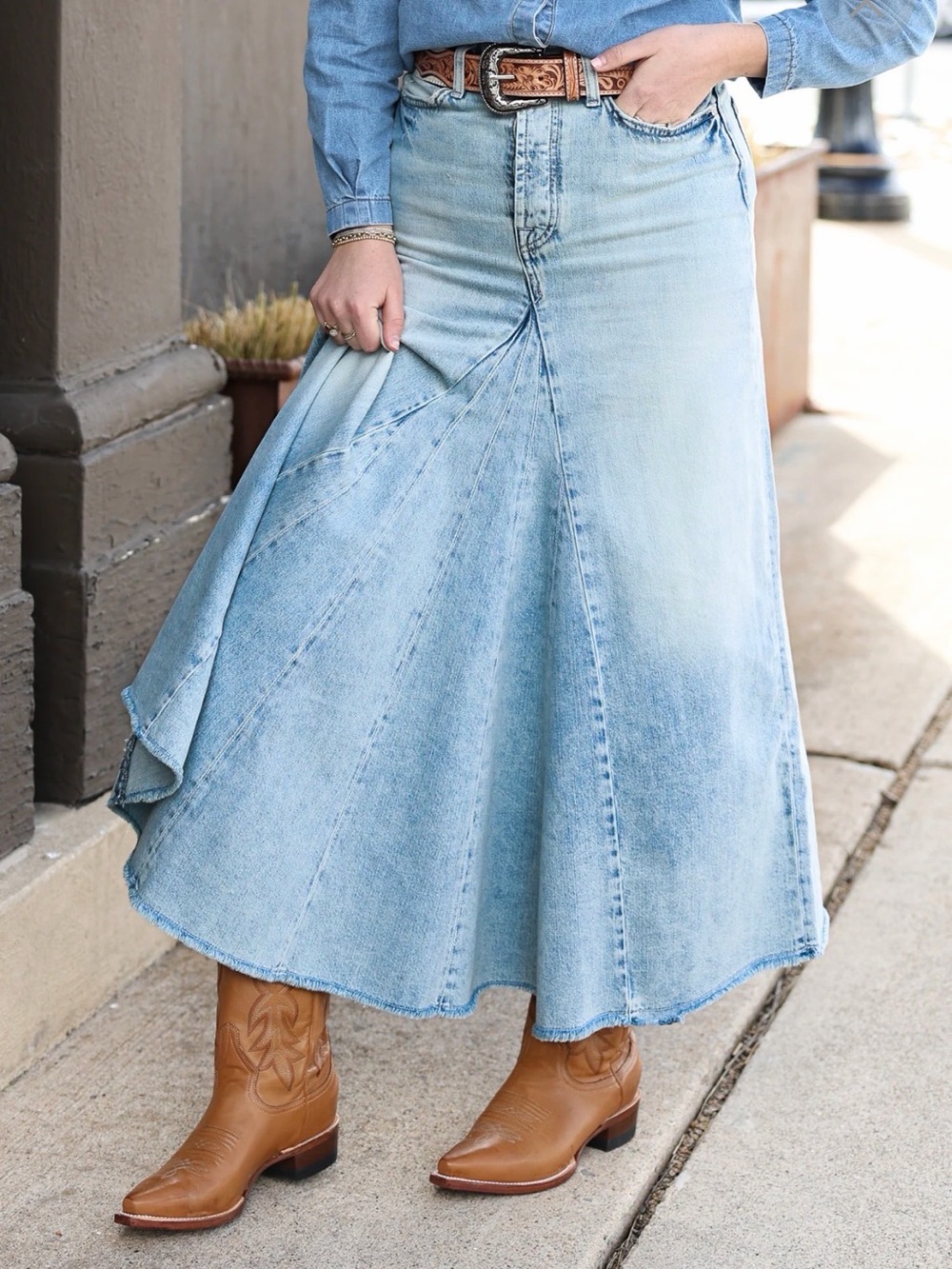 7 For All Mankind Western Denim Maxi Skirt Blue Long A Line Y2K Boho
